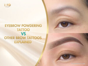 Before and after comparison of eyebrow powdering tattoo for a natural shaded look.