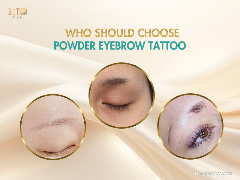 Model with sparse eyebrows before receiving an eyebrow powdering tattoo treatment.