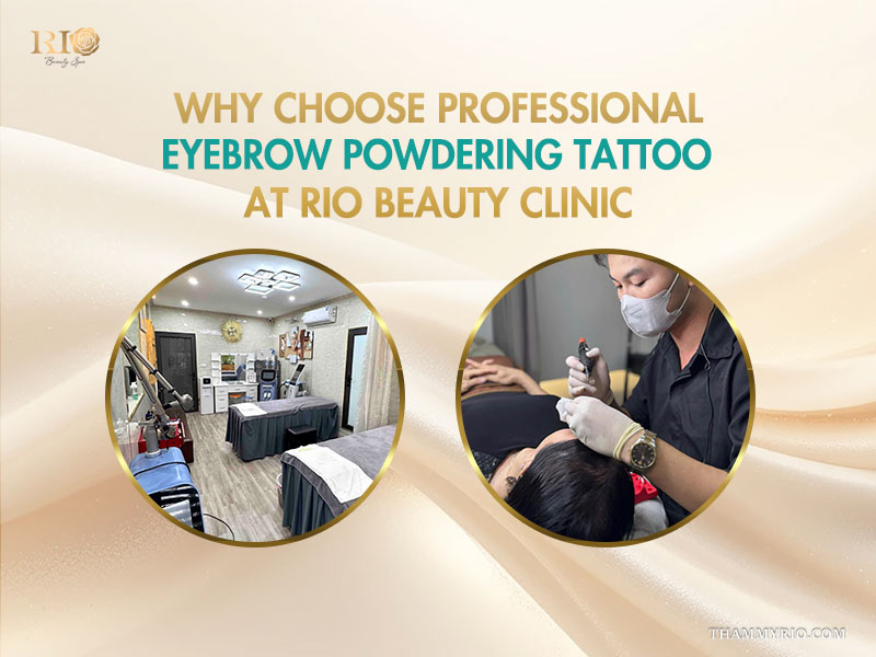 Professional eyebrow powdering tattoo procedure at Rio Beauty Clinic modern facility.