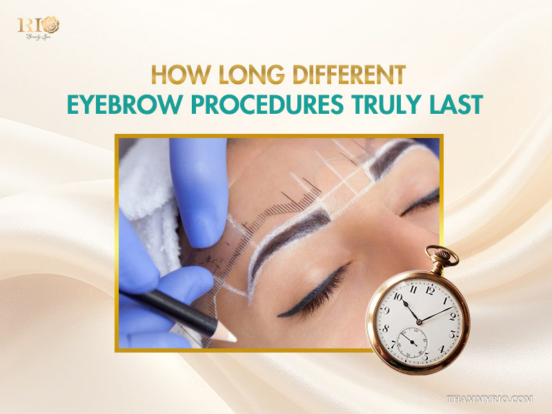 A professional measuring the longevity of eyebrow procedures with a pocket watch icon.