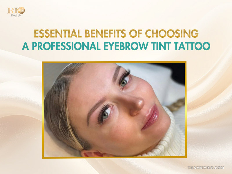 Close-up of a woman with professional eyebrow tint tattoo showcasing essential benefits of brow definition.