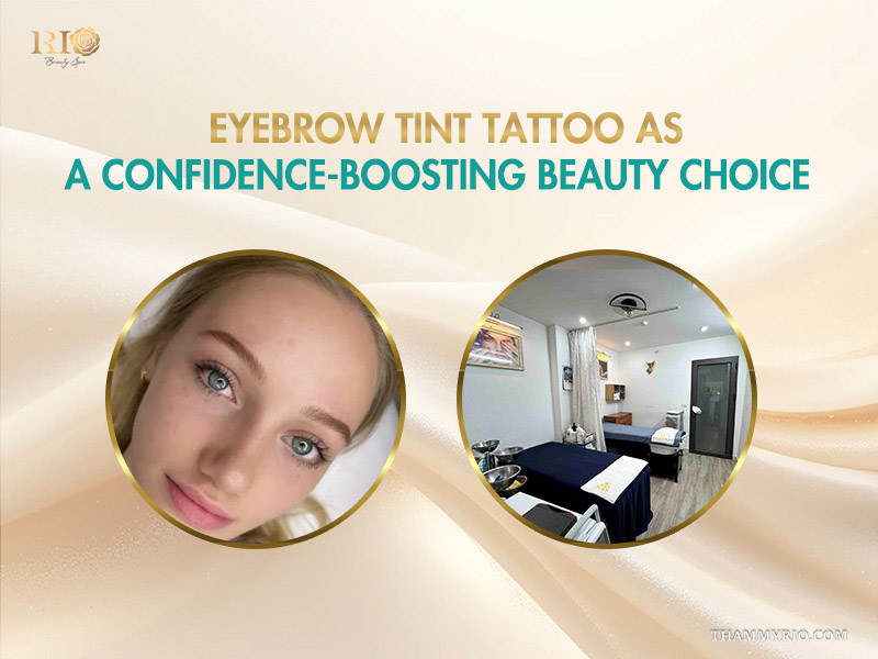 Model with perfect brows and a view of the professional eyebrow tint tattoo studio at Rio Beauty Spa.