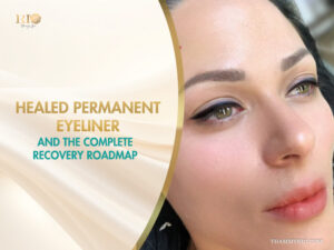 Close-up of a woman with healed permanent eyeliner and shaded eyebrows after recovery.