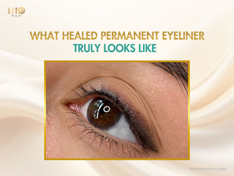 Macro shot of a brown eye showing what healed permanent eyeliner truly looks like with soft shading.