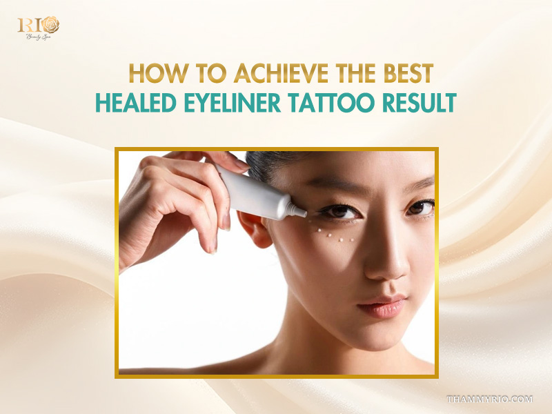 A woman applying aftercare cream near her eyes to ensure the best healed permanent eyeliner result.