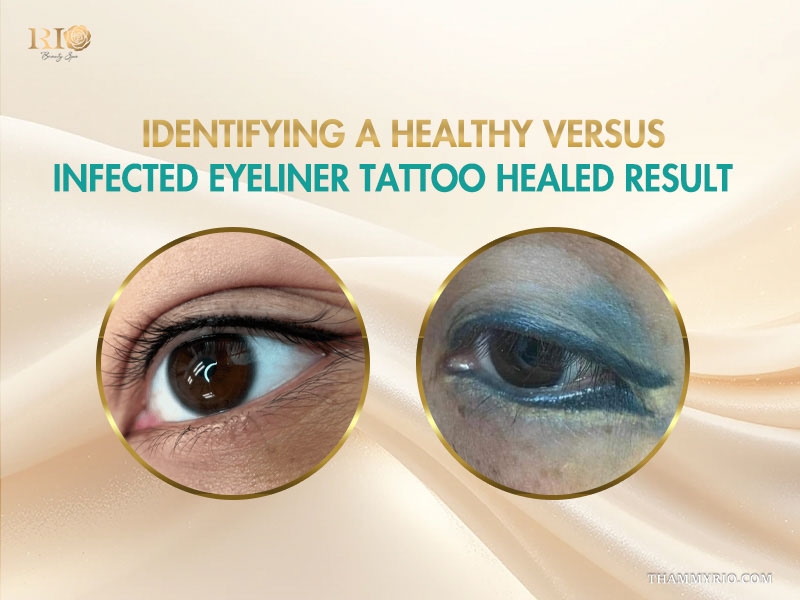 Comparison between a healthy healed permanent eyeliner versus an infected eyeliner tattoo result.