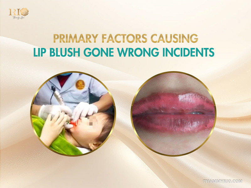 Comparison of a professional lip blush procedure and a lip blush gone wrong with dark outlines.