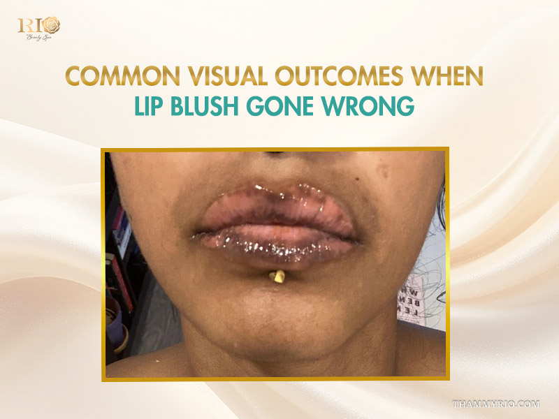 Close-up of uneven pigmentation and discoloration as a result of lip blush gone wrong.