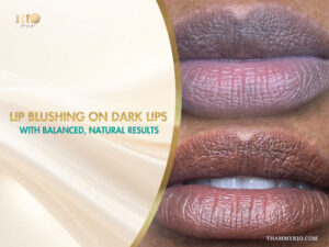 Comparison of lip blushing on dark lips showing natural and balanced results before and after the procedure.