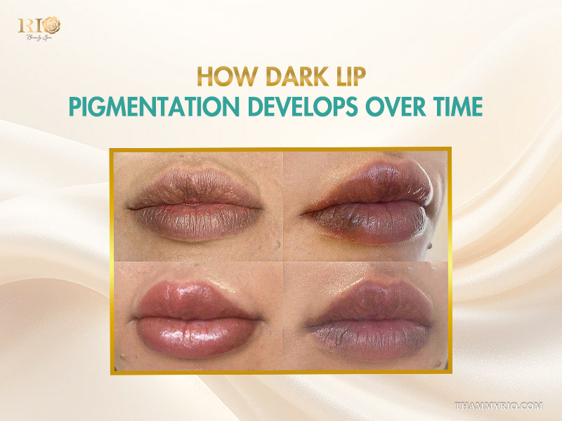 Before and after stages of lip blushing on dark lips showing the neutralization and healing process.