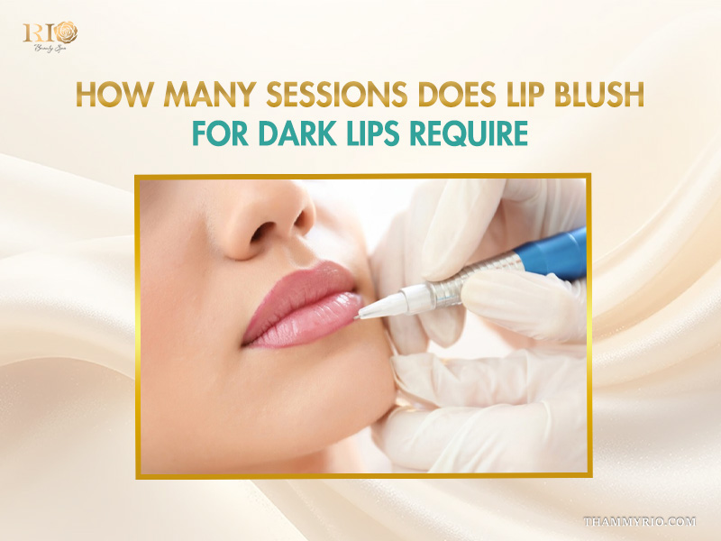 A professional performing a procedure for lip blushing on dark lips to illustrate the number of sessions required.