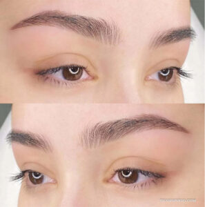 Perfectly symmetrical micro feathering eyebrows with hyper-realistic hair strokes.
