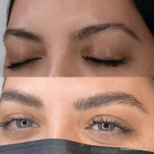 Micro feathering eyebrows correction for sparse and uneven natural brow hair.