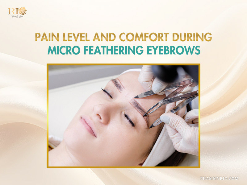 Professional technician performing micro feathering eyebrows on a relaxed client.