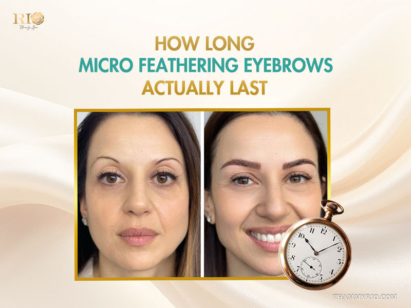 Long-lasting results of micro feathering eyebrows shown in a before and after comparison.