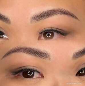 Detailed hair strokes of micro feathering eyebrows for a defined and natural look.