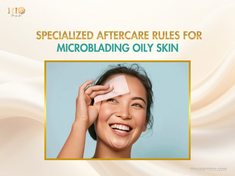 Woman using oil blotting paper illustrating specialized aftercare rules for microblading oily skin.