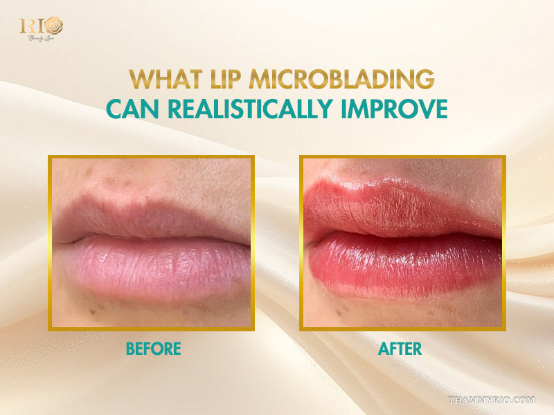Before and after comparison of microblading lip treatment showing improved color and definition.