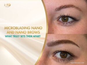 Comparison of natural eyebrows and microblading nano results showing precise hair-like strokes.