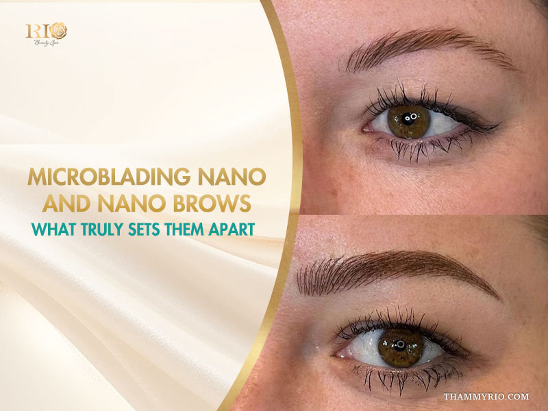 Comparison of natural eyebrows and microblading nano results showing precise hair-like strokes.