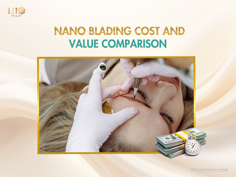 Nano blading cost and value comparison with stacks of money and a stopwatch icon.