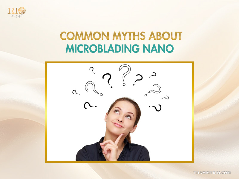 Woman thinking about common myths about microblading nano with question mark icons.