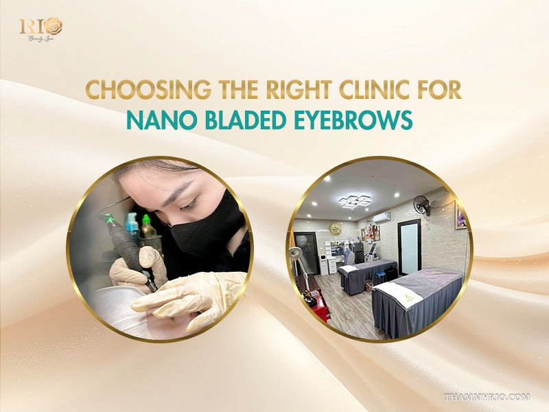 Professional beauty clinic interior and technician working on nano bladed eyebrows.