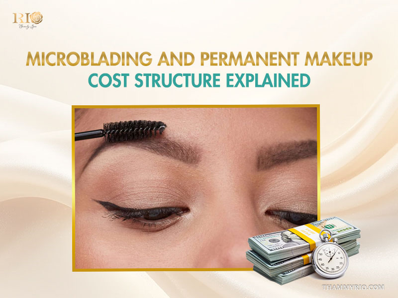 Close-up of microblading permanent makeup procedure on eyebrows with cash and stopwatch icon.