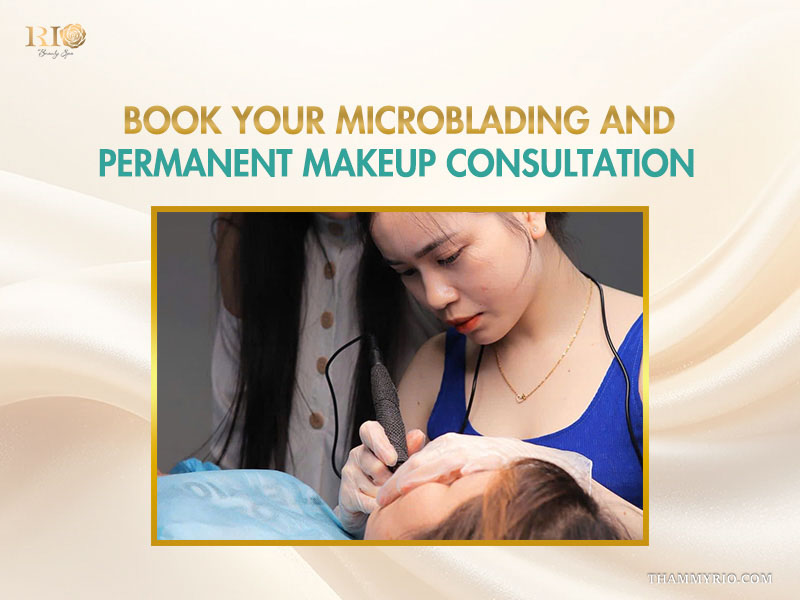 A professional technician performing a microblading permanent makeup procedure on a client's eyebrows.