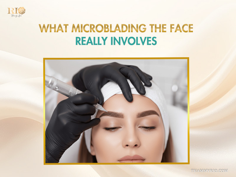 A professional technician performing a microblading the face procedure on a client's eyebrows at Rio Beauty Spa.