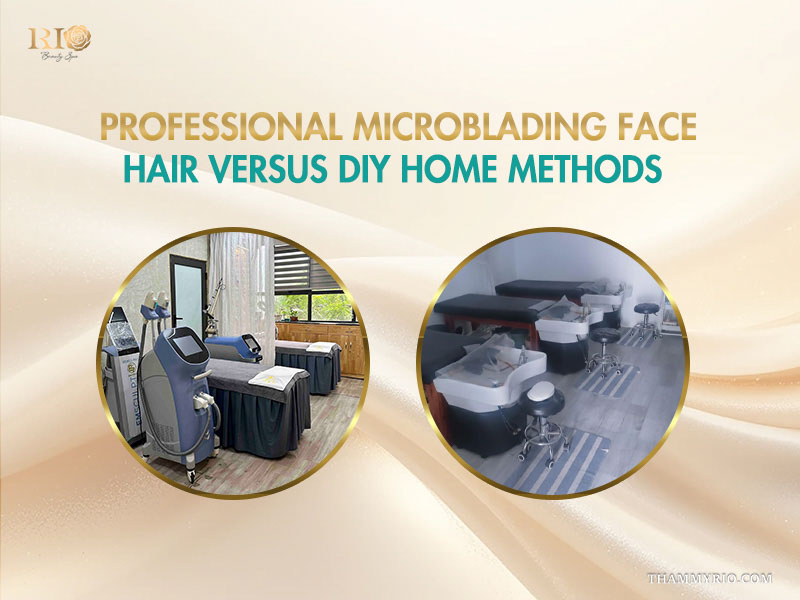 Comparison of a professional medical spa room for microblading the face versus a basic home-style setup.