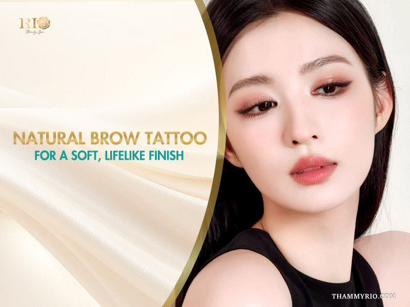 Close-up of a woman with a professional natural brow tattoo for a soft, lifelike finish by Rio Beauty Spa.