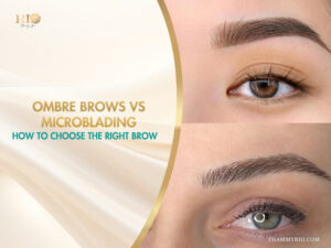 Comparison between ombre brows and microblading techniques on two different eye shapes.
