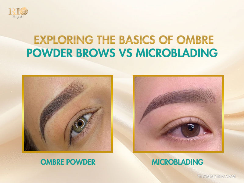 Side by side comparison of ombre powder brows vs microblading textures and strokes.