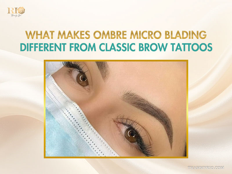 Close-up of professional ombre micro blading results showing soft shading and defined shape.