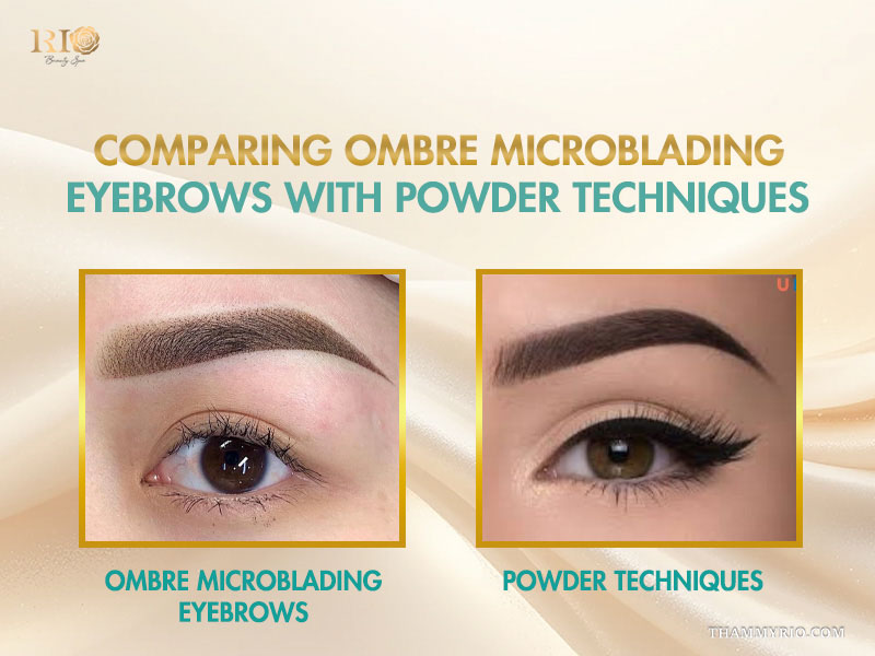 Comparison side-by-side between ombre micro blading eyebrows and powder techniques.