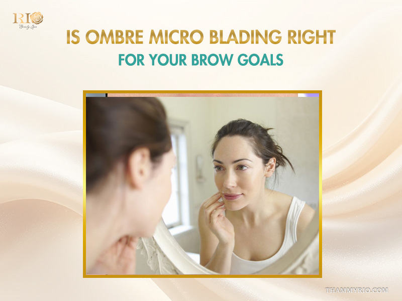 A woman looking in the mirror wondering if ombre micro blading is right for her.
