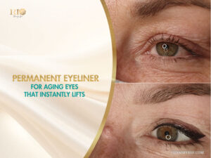 Permanent eyeliner for aging eyes before and after showing a visible lifting effect on hooded lids.