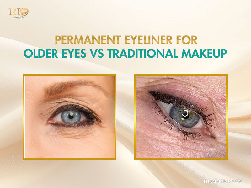 Permanent eyeliner for aging eyes vs traditional makeup comparison on hooded mature eyes.