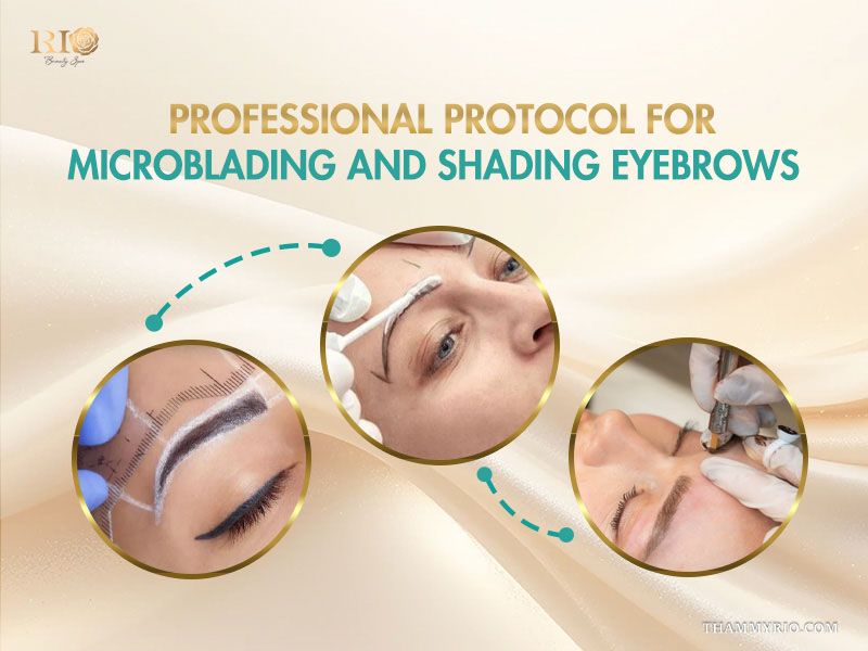 Professional protocol for microblading and shading eyebrows showing mapping and procedure steps.