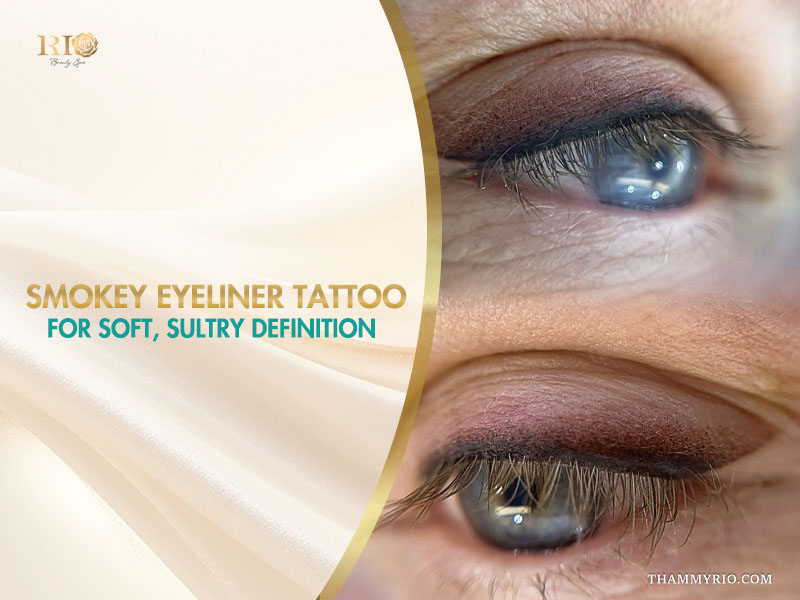 Close-up of smokey eyeliner tattoo on upper eyelids for a soft and sultry look.