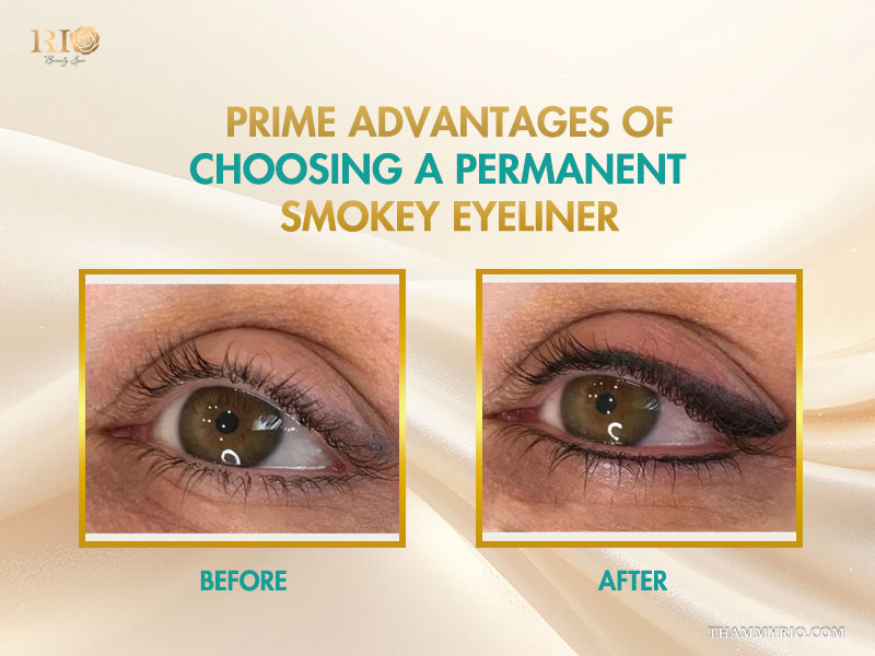 Before and after comparison of a permanent smokey eyeliner tattoo showing enhanced eye definition.