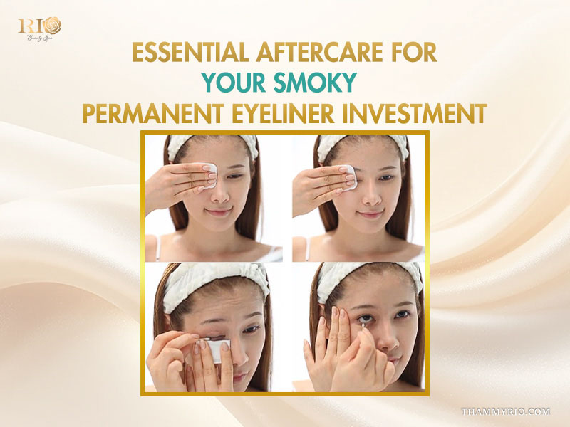 A woman demonstrating essential aftercare steps for a smokey eyeliner tattoo using cotton pads and swabs.