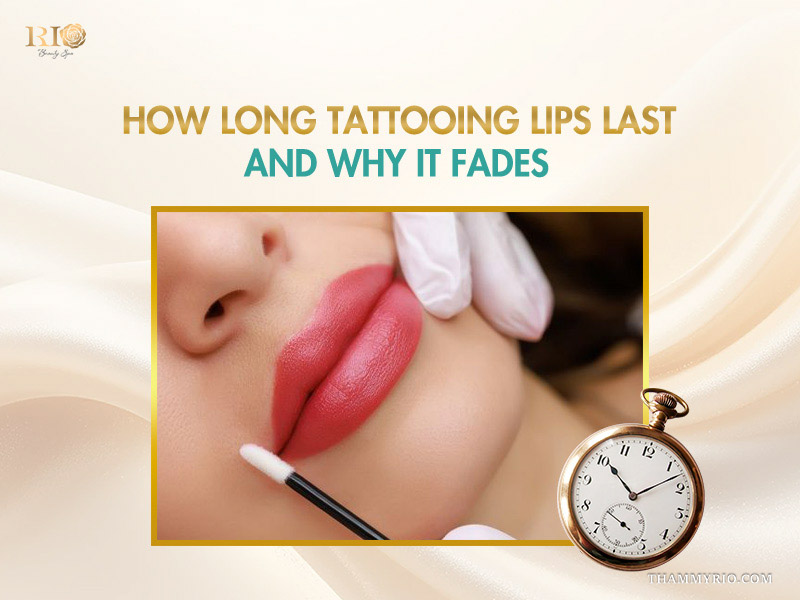 Vibrant lips and a pocket watch showing how long tattooing lips results last.