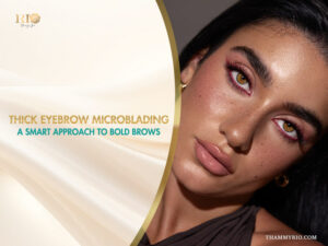 Close-up of a woman with professional thick eyebrow microblading and bold eye makeup.