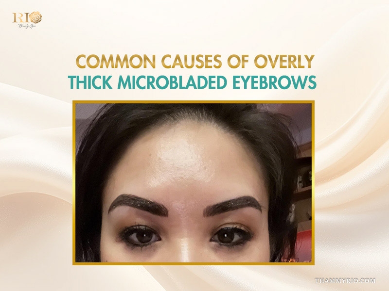 Common causes of overly thick eyebrow microblading on a woman's face.