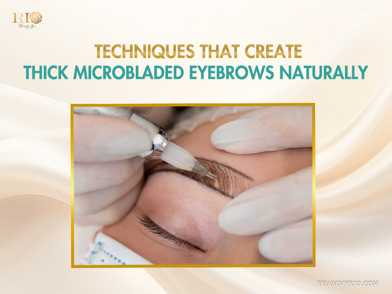 Professional technician performing thick eyebrow microblading technique for natural hair-like strokes.