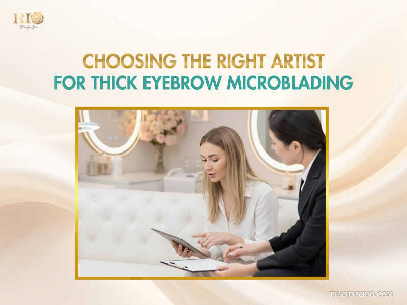 Professional consultation for thick eyebrow microblading at a clinic.