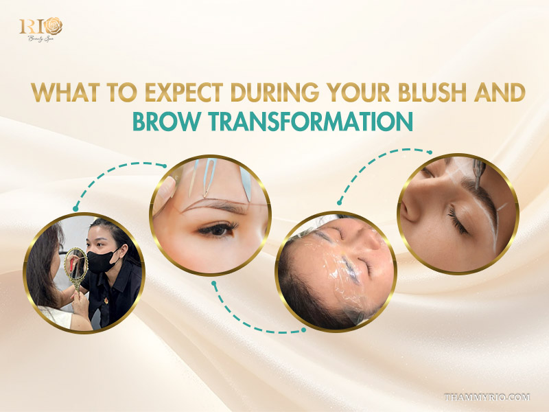 A 4-step professional blush and brow transformation process at Rio Beauty Spa.