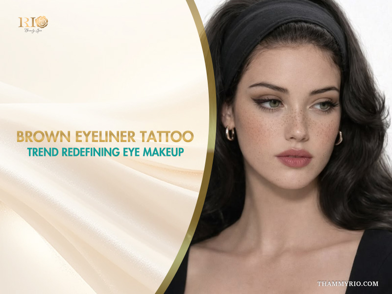 Model with professional brown eyeliner tattoo and soft winged liner.